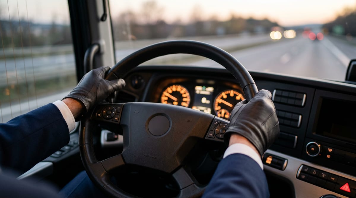 Le mani di un autista professionista al volante di un autobus