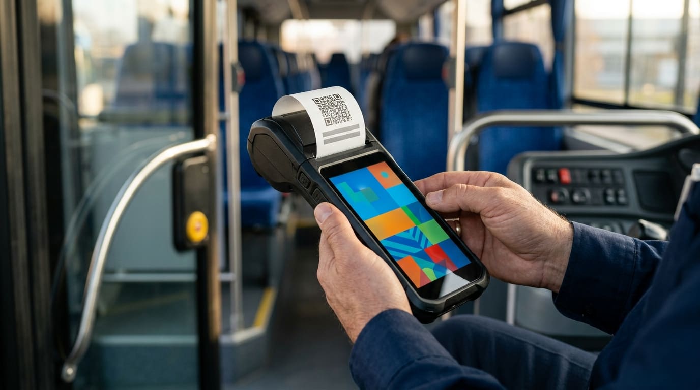 Autista che stampa un biglietto con un palmare Android a bordo di un autobus