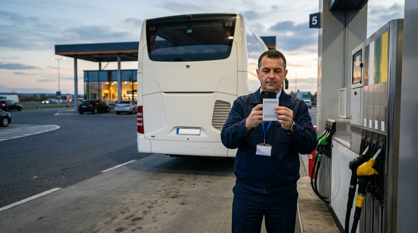 Autista che fotografa lo scontrino del carburante con il telefono