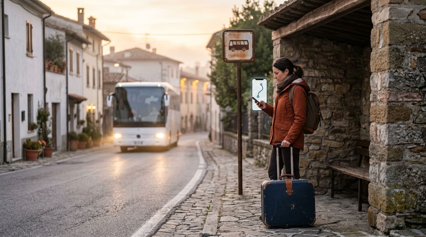 Passeggera alla fermata che guarda sul telefono dove si trova l’autobus in arrivo