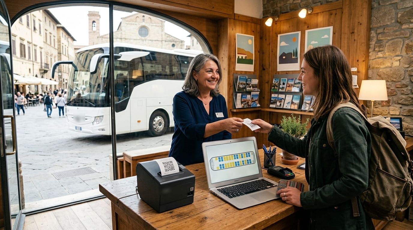 Sportello di un’azienda di autobus che consegna un biglietto stampato