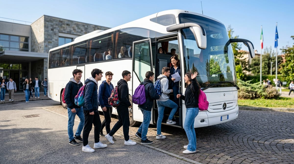 Studenti salgono su un autobus per la gita scolastica